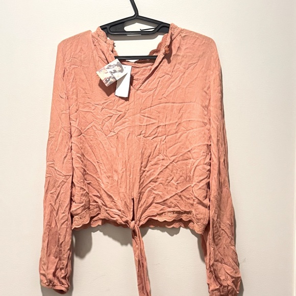 Self Esteem Juniors Pleated Lace Trim Blouse | | Long Sleeve shirt Toasted Nut - Picture 7 of 7